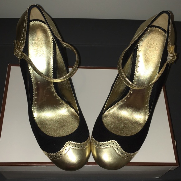 Coach Black/Gold Kidsuede Mary Jane Platforms - Picture 1 of 14